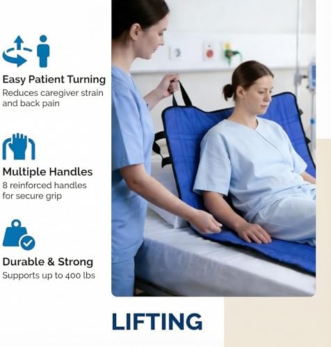 Positioning Bed Pad with Handles 48" x 40" Washable Transfer & Slide Sheet for Moving Patients, Turning & Lifting, Draw Sheet for Hospital Bed, Blue