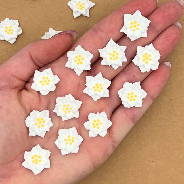 12 Mini Icing Poinsettias by Simply Sucré | Royal Icing Christmas Flower Decorations | Edible Holiday Cupcake Toppers (All White, 24 Flowers)
