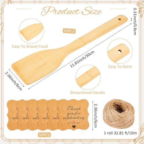 Lineshading 50 Pcs Bamboo Wooden Spatula Bulk, 12 Inch Kitchen Spatula Utensils with Thank You Cards for Cooking Birthday Wedding Baby Shower Housewarming Party Gift(Solid)