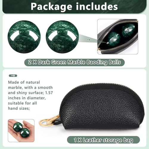 Baoding Balls Set of 2, Chinese Stress Relief Hand Exercise Balls with Leather Pouch, 1.57 Inch Dark Green Marble, Finger Exercise and Wrist Strength Training