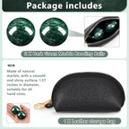 Baoding Balls Set of 2, Chinese Stress Relief Hand Exercise Balls with Leather Pouch, 1.57 Inch Dark Green Marble, Finger Exercise and Wrist Strength Training