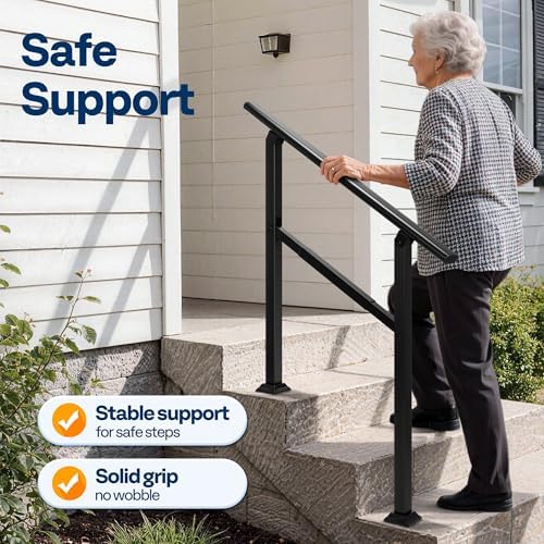 VIVOHOME Adjustable Outdoor Handrails - Durable Galvanized Steel, Black Oval Design for Porch, Deck & Stairs, 2-Pack for 3 Steps