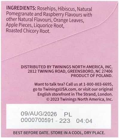 Twinings Pomegranate & Raspberry Herbal Tea Individually Wrapped Bags, 20 Count (Pack of 1), Naturally Caffeine-Free, Enjoy Hot or Iced, 20 Teabags