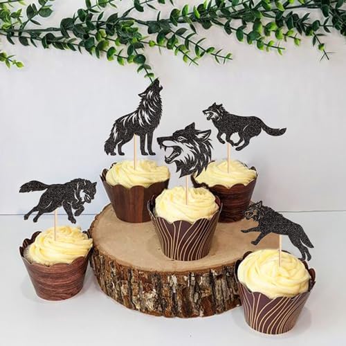 Ercadio 25 PCS Black Wolf Cupcake Toppers Silhouette Black Glitter Cupcake Topper Wolf Cupcake Decoration Picks Animal Theme for Baby Shower Kids Birthday Party Decoration Supplies
