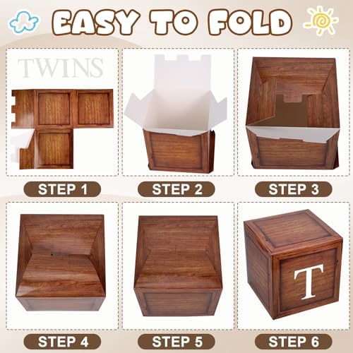 Czlotyh Twins Baby Shower Decorations Baby Boxes with Letters 5pcs Wood Baby Shower Brown Blocks with 5pcs Letters for Twins Balloon Boxes Gender Reveal Birthday Party Favors