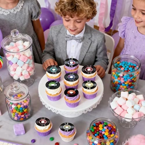 48PCS Edible Vinyl Record Cupcake Toppers Record CD Cupcake Music Lover's Birthday Cake Drink Topper Decorations Rock and Rock and Roll Music Cake Decorations
