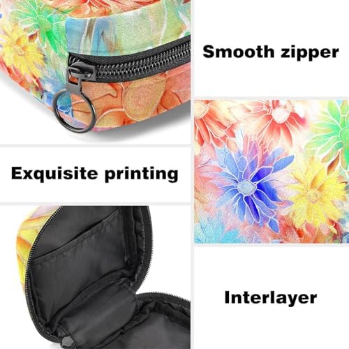 Sanitary Napkin Storage Bag,Period Bag,Pad Bag,Abstract Rainbow Color Flowers Daisy,Period Pouch