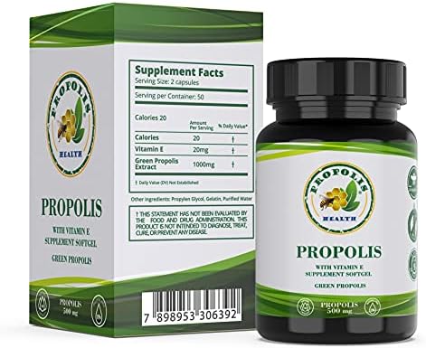 Propolis Health Propolis Capsules 1000mg-Daily with Vitamin E Per dose - Pure Brazilian Green Propolis Extract - Immune Booster 50 Days Supply -100 Capsules