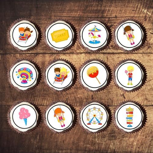 Fun Fair Edible Cupcake Toppers, Carnival Edible Cake Decorations, Carnival Theme Party Decorations, Circus Party Cake Toppers, 24 x 4cm / 1.5 Inch Wafer Card Discs
