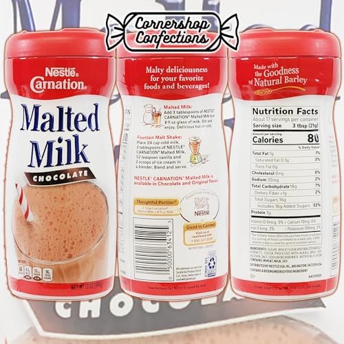 Carnation Malted Milk 4 Canister Bulk Pack - Chocolate Flavored - 52 Ounces Total - Perfect For Making Chilled Chocolate Milk and Milk Shakes - In Cornershop Confections Protective Box