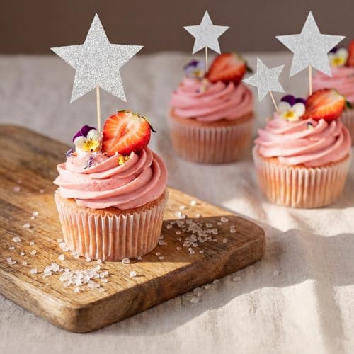 35 Pcs Star Cake Toppers, Mixed Size (0.7"-3.3" Wide) Silver Stars Decorations for Cupcakes, Birthday Parties & Baby Showers