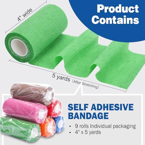 AZEN 9 Pack Self Adhesive Bandage Wrap, 4" X 5 Yards Elastic Cohesive Bandage Wrap, Color Athletic Tape, Tattoo Grip Tape Wrap, Vet Wrap, Ankle Tape