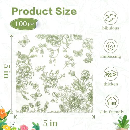 Mwellewm 100Pcs Sage Green Floral Napkins Beverage Cocktail Napkin Disposable Green Paper Dinner Napkin Fancy Decorative Hydrangea Flower Guest Hand Towel for Wedding Bridal Baby Shower Birthday Party