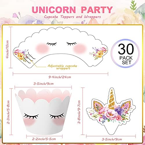 Censen 30 Pieces Unicorn Cupcake Toppers and Wrappers Decorations Unicorn Cup Cake Liners Rainbow Birthday Party Supplies Rainbow Topper Decorations for Girls Women Birthday Party