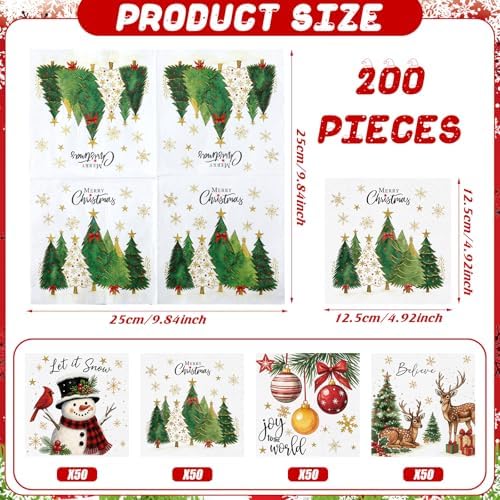 Janlaugh 200 Pcs Christmas Paper Cocktail Napkins Disposable 2 Ply Xmas Style Decoupage Beverage Napkins for Xmas Holiday Winter Dinner Table Decor (Classic Style)