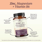 Zinc and Magnesium Supplement with Vitamin B6 | Women’s Hormone Balance, Menstrual Cycle & Immune Support | High Absorption Chelated Magnesium Glycinate with Zinc Picolinate and VIT B6 | 60 Ct