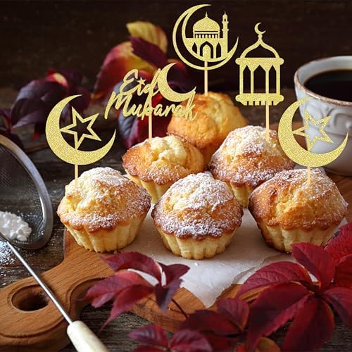 24 Pcs Gold Eid Mubarak Cupcake Toppers, Glitter Ramadan Mubarak Cupcake Picks Eid Decoration for Cake, Ramadan Decoration 2026 (Gold)