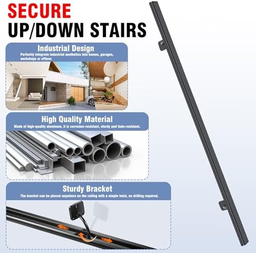 Industrial Stair Handrail Wall-Mounted Hand Rails for Indoor Stairs Black Pipe Stair Railing Indoor Metal Hand Rail for Indoor & Outdoor Steps Aluminum Staircase Handrail for Stairs 5ft