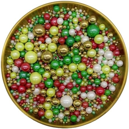 Edible Christmas Mixed Colour Sugar Pearls Sprinkles Candy Mix Size Pearls Cake Decorations Cupcake Toppers Decorating Perfect for Wedding Party Valentine Christmas Supplies 4.58OZ