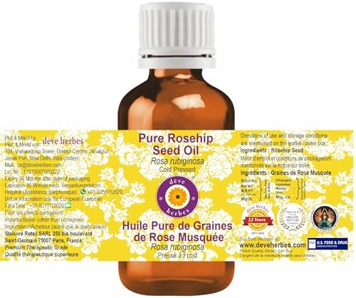 dève herbes Rosehip Oil (Rosa rubiginosa) | Cold Pressed | Pure | Natural | Undiluted | For Diluting Essential oils | For Skin & Massage | Non-Sticky| Lightweight| Men & Women | 10ml (0.33 oz)