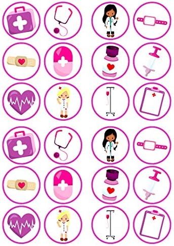 Pink Girl Nurses Edible Cupcake Toppers, Nurse Cake Decorations, Doctor Edible Cake Toppers, Nurse Graduation Decorations, Retirement Cookie Decor 24 x 1.5 Inch / 4cm Discs UNCUT (Pack of 24)