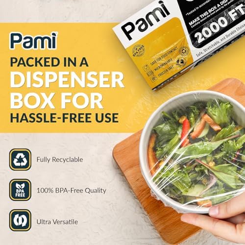 PAMI Plastic Food Wrap 18 Inch Wide X 2000ft, Clear Bpa Free Cling Wrap with Dispenser Box, Commercial Food Wrap Microwave Freezer Safe