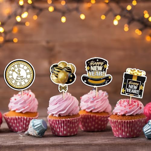 Happy New Year 2026 Cupcake Topper 24 pcs 2026 New Years Eve Party Supplies Party Decoration for New Year Eve Cake Decorations