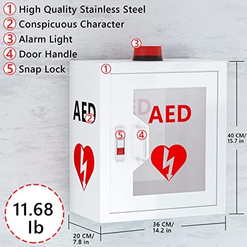 NLShan Wall-Mounted AED Cabinet: Steel Defibrillator Storage Case with Alarm & Handle - Fits Zoll/Cardiac Science/Physio-Control All aed Brands (14.2" Wx7.9 Dx15.8 H)