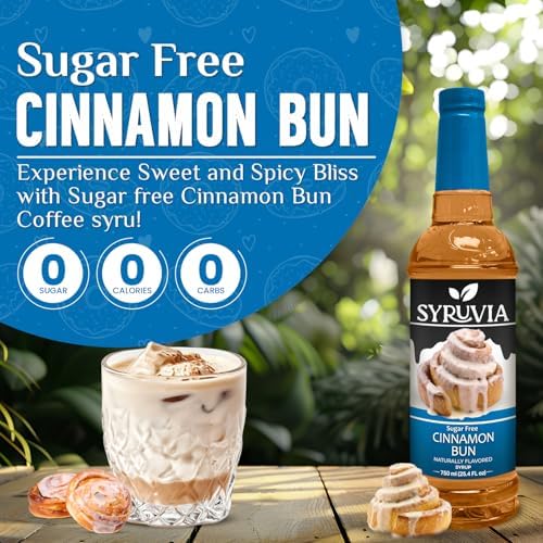 Syruvia Sugar-Free Cinnamon Bun Syrup, Natural Flavors, Syrup for Drinks, Lattes, and Desserts – 25.4 fl oz