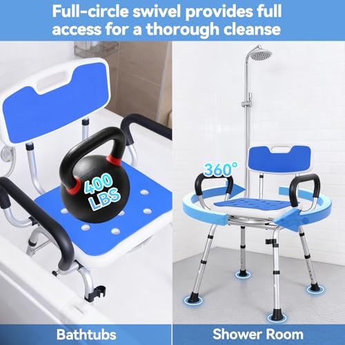 Swivel Shower Chair: 400 lbs Heavy Duty Shower Chair for Elderly Disabled Injured - Height Adjustable Shower Stool with Arms & Back - Non-Slip Rotating Shower Bench Seat for Tubs (Dark Blue)