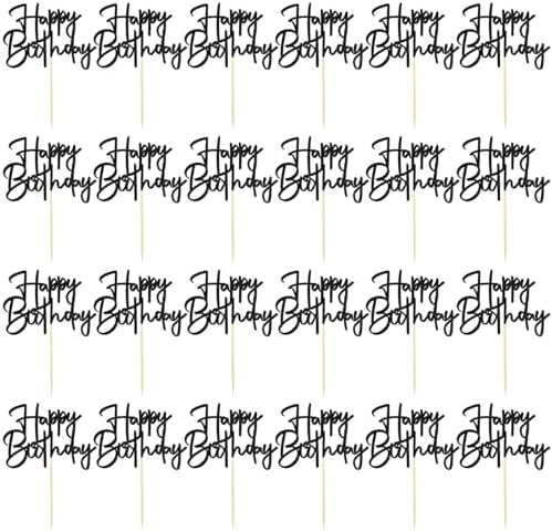 24 PCS Mini Black Glitter Happy Birthday Cupcake Toppers Suitable for Birthday Celebration Parties and Gatherings Decoration