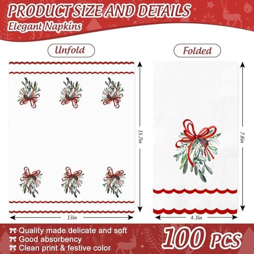 Whaline 100 Pcs Christmas Guest Napkins Mistletoe Holly Scalloped Disposable Napkins Watercolor Dinner Hand Paper Napkin for Bathroom Xmas Winter Holiday Party Table Supplies