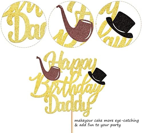 Rsstarxi 1 Pack Happy Birthday Daddy Cake Topper Gold Glitter Best Dad Happy Father's Day Cake Pick for Dad Birthday Happy Father's Day Party Cake Decorations Supplies
