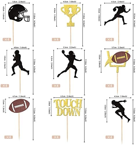 36 PCS Rugby Ball Cupcake Toppers Glitter Trophy Amecian Football Cupcake Picks Touchdown Player Cake Decorations for Super Bowl Rugby Sports Theme Baby Shower Kids Birthday Party