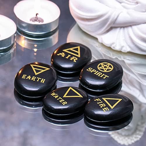 Crocon 5 Elements Black Tourmaline Stones Engraved Triangle Symbols (Earth Air Fire Water Spirit) Polished Palm Stones for Gemstone Reiki Crystals and Healing Stones Meditation Divination Tools Gifts