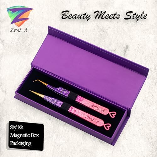 Zane L.A. Nano Fiber Tip Professional Eyelash Extension Tweezers, made with Japanese Stainless Steel, Unique Heart Design (Pink and Purple)