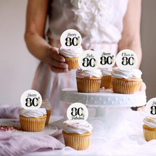 40Pcs Edible Circle Happy 80th Birthday Cupcake Toppers Edible Floral Hello 80 Fabulous Cheers to 80 Cupcake Picks Drink Toppers for Funny Female Floral 80th Birthday Party Decorations