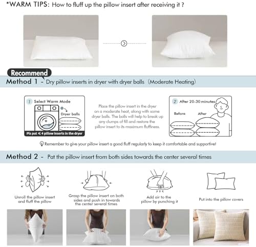 MIULEE Throw Pillows Inserts, Pack of 2 18x18 Inch 100% Virgin Fiber Filling Bed Couch Pillows
