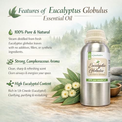 GreenHealth - Eucalyptus Globulus Essential Oil – 16 fl oz (473 ml) Aluminum Bottle w/Plug Cap – 100% Pure, Uncut, Undiluted