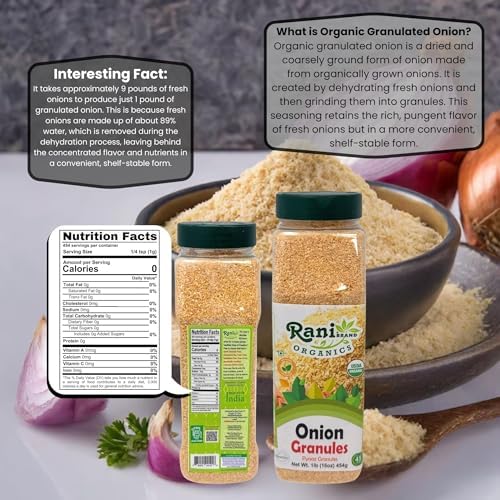 Rani Organic Granulated Onion (Pyaaz Granules) 16oz (1lb) 454g PET Jar ~ All Natural | Gluten Friendly | Vegan | NON-GMO | Kosher | No Salt or fillers | Indian Origin | USDA Certified Organic