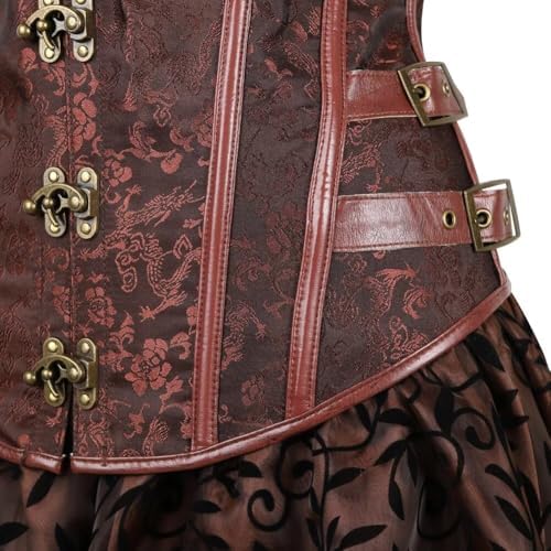 Corset Dress Skirt Tutu Set Women Steampunk Gothic Punk Bustier Pirate Costume Halloween Brown