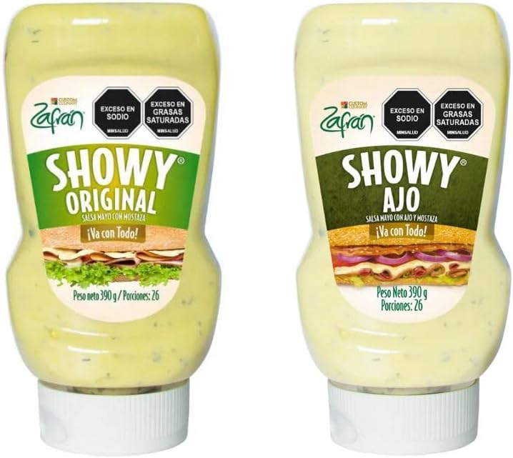 Zafran Salsa Showy Original 390gr y Salsa Showy Ajo 390gr (2 Pack) Showy Zafran Sauce, Showy Garlic Sauce, Colombian Showy Sauce, Showy Safran Sauce, Showy Garlic
