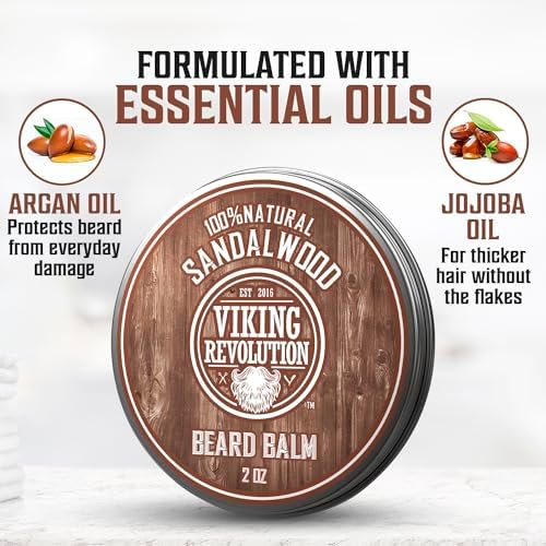 Viking Revolution Sandalwood Beard Balm - Beard Butter with Argan Oil, Beard Softener for Men with Jojoba Oil - Beard Moisturizer for Men with Beeswax - Beard Wax for Men (2oz, 1 Pack)