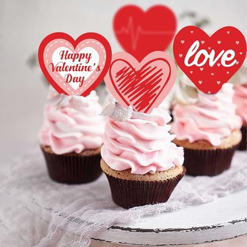 42Pcs Edible Happy Valentine's Day Cupcake Toppers Wafer Paper Sweet Love Heart Cupcake Pick Decorations Valentine's Day Cake Decorations Supplies