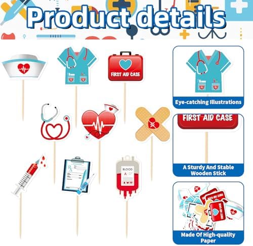 36 Pcs Medical Theme Toothpick Cupcake Toppers, Mini Doctor Nurse Party Picks with 9 Designs for Graduation, Hospital Birthday, Clinic Decorations, Cakes, Drinks, and Dessert Table Decor
