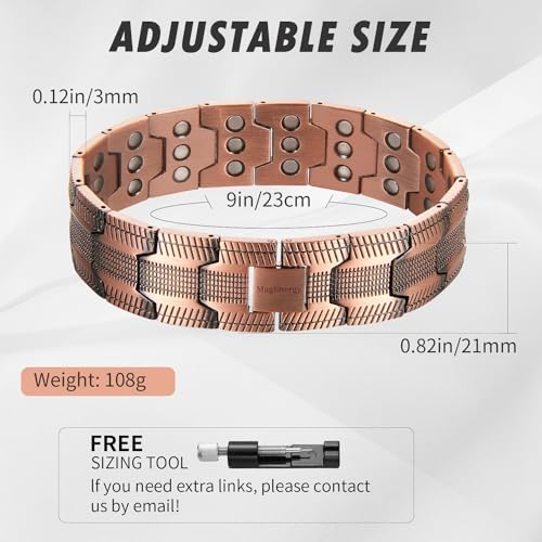 MagEnergy Copper Bracelet for Men, 3-Row Magnet Design, Ultra Strength Magnetic Bracelet 99.99% Pure Copper Wristband Adjustable Jewelry Gift with Sizing Tool