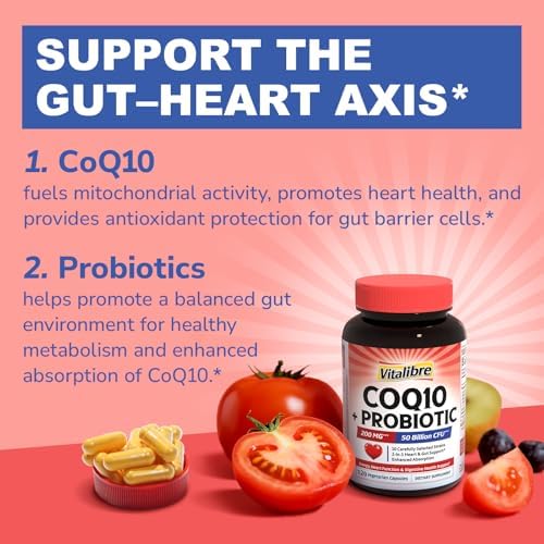 Vitalibre CoQ10 200 mg, with Probiotics for Women & Men, 50 Billion CFU, High Absorption Ubiquinone, Heart & Gut Energy Support, Powerful Antioxidant, Easy to Swallow, 120 Vegan Capsules