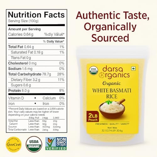Darsa Organics White Basmati Rice (2lb) - USDA Organic Long Grain White Rice from India - Premium Aromatic & Fluffy Grains for Biryani & Pilaf - Non-GMO, Kosher, Vegan & Chemical-Free (Resealable Bag)
