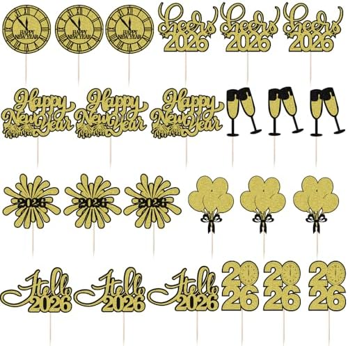 24 PCS Happy New Year Cupcake Toppers, Glitter 2026 Cupcake Picks Balloon Fireworks Clock Hello 2026,for Cheers to 2026 New Year Theme Party Decorations,Christmas,New Years Eve Party Decoration