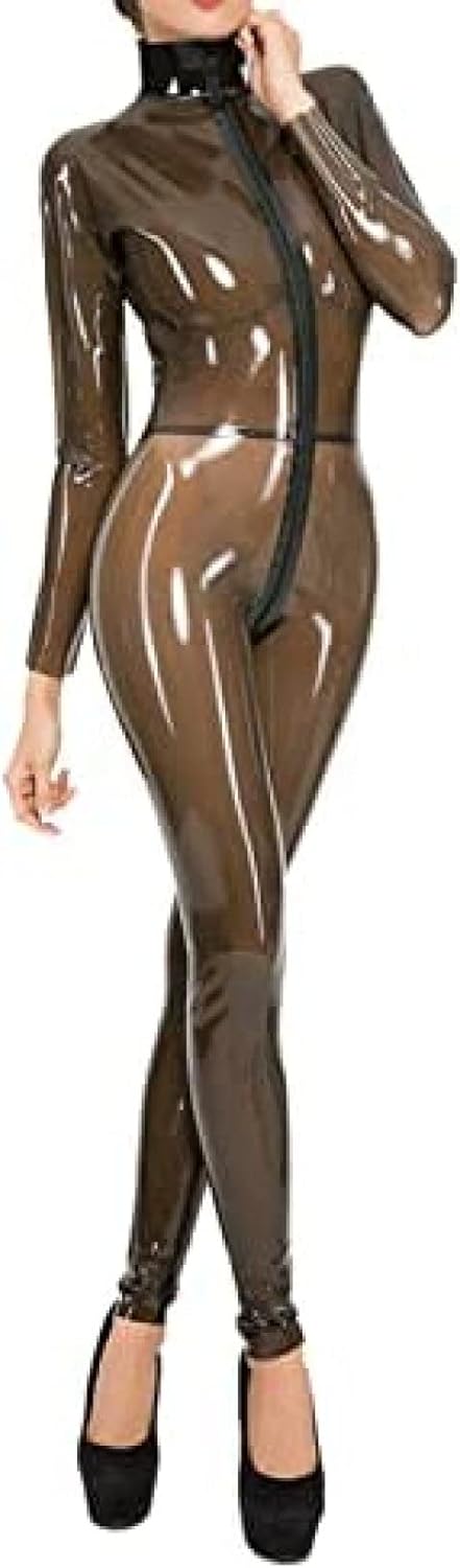 Latex Catsuit Front Zip Rubber Body Transparent Black Handmade Jumpsuit,Pink,3XL
